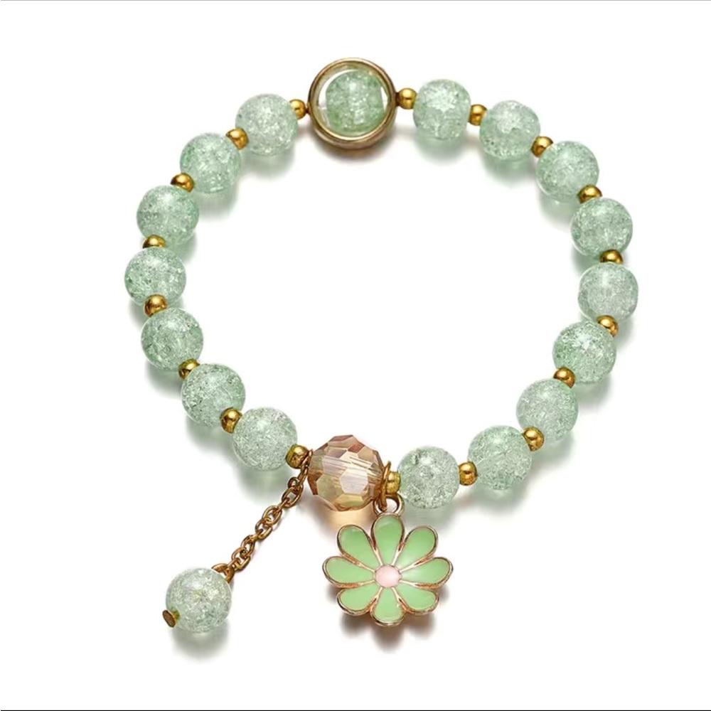 Frosted Green Beaded Bracelet with Flower Charm